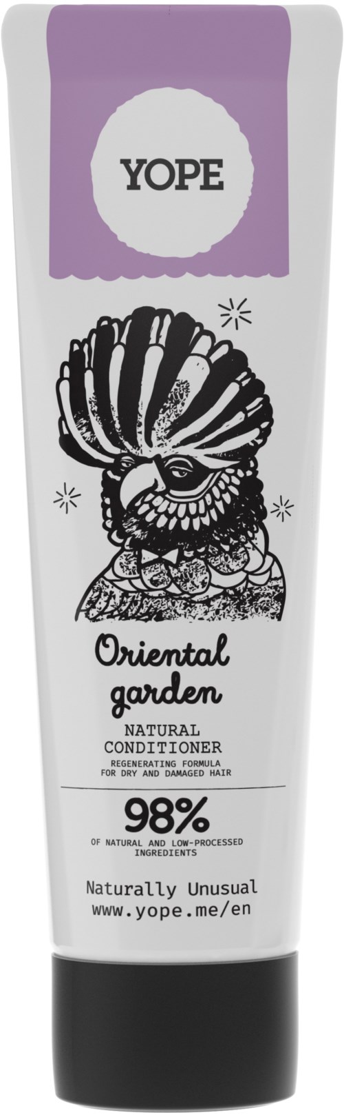 Yope Oriental Garden naturlig balsam med svart och vitt illustration och lila etikett, 98% naturliga ingredienser.