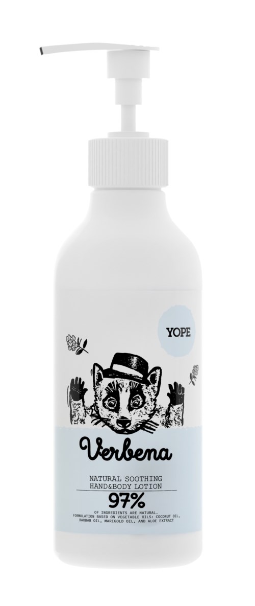 En vit lotionflaska med pump med en tecknad djur och text som anger att det är en lugnande, lugnande produkt.