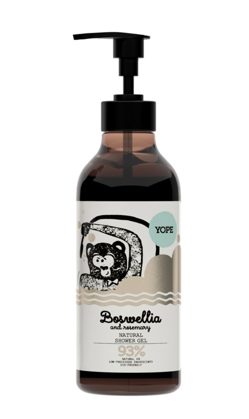En brun plastflaska med svart pump, med en etikett som har en björn, vågor och texten "Boswellia."