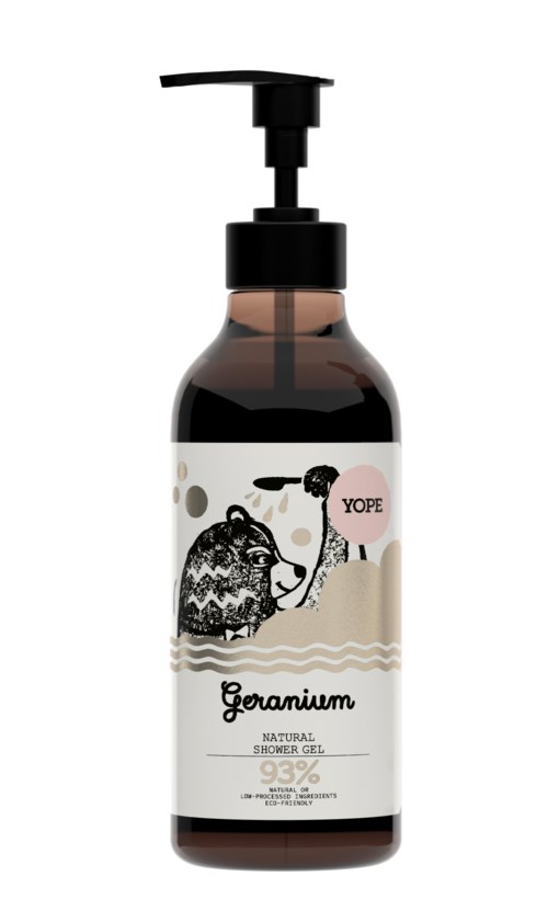 En brun pumpflaska med en etikett som visar en zebra och träd, kallad Geranium, för naturlig duschgel.