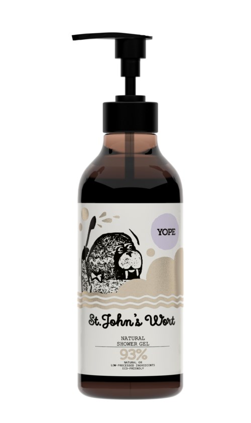 En brunstensflaska med pump, märkt "St. John’s Wort" med en björnbild, visar en duschgel.