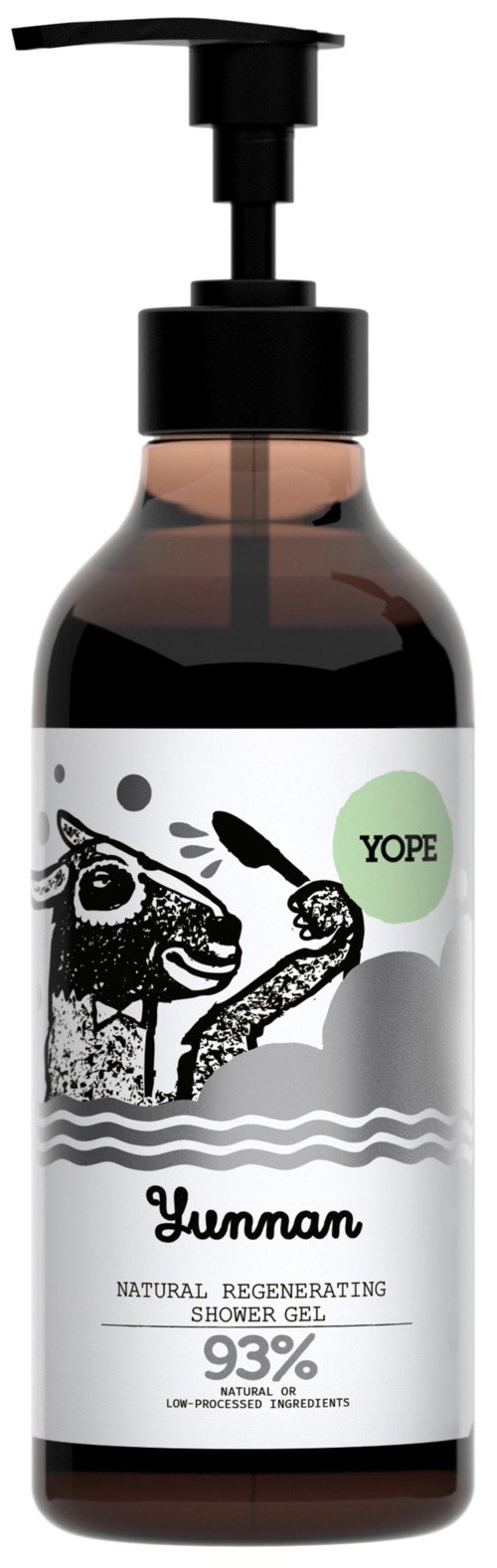 En mörk flaska med pump, märkt Yunnan duschgel, med en get-illustration och en grön Yope-logga.