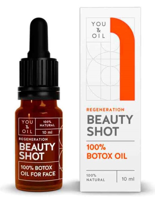 A small brown bottle with a dropper and a white box label for face Botox oil called Beauty Shot.