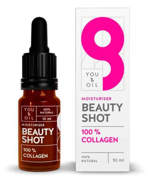 A small brown bottle with a dropper shows a beauty serum called 'Beauty Shot' with collagen inside. The box matches the bottle design.