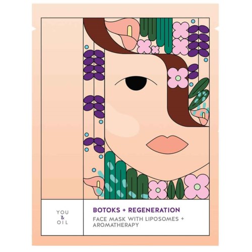En farverig illustration af et kvindeligt ansigt med blomster, blade og abstrakte former, der repræsenterer et hudpleje- eller skønhedsprodukt.