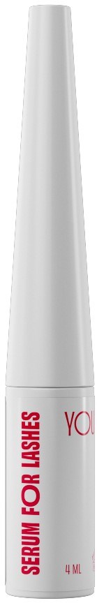 En vit tub med ögonfransserum med röd text som säger "SERUM FOR LASHES" och storlek 4 ml.