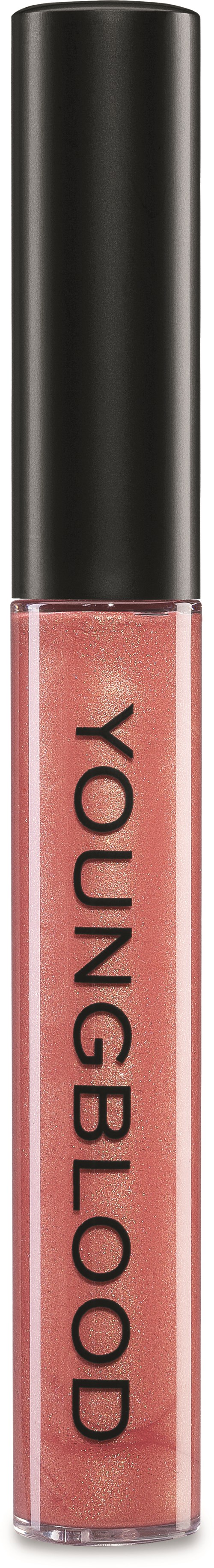 En leppepommel har lokk med svart farge, merket 'YOUNGBLOOD', inneholder rosa gloss.