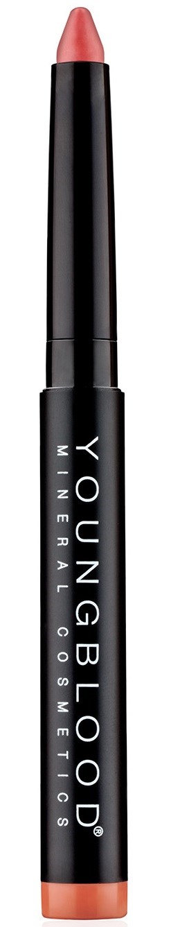 En svart och korallfärgad läppstiftspenna med vit text som säger "YOUNGBLOOD MINERAL COSMETICS" på den.
