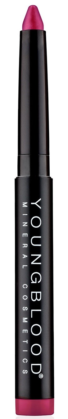 En svart läppfärg med rosa spets och vit text, märkt "YOUNGBLOOD MINERAL COSMETICS."