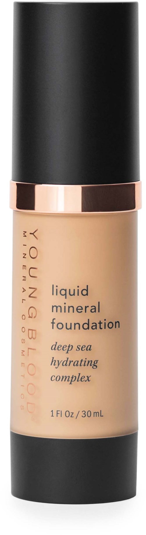 A bottle of liquid foundation labeled 'YOUNGBLOOD' with a black cap and a rose gold band. It says deep sea hydrating complex.