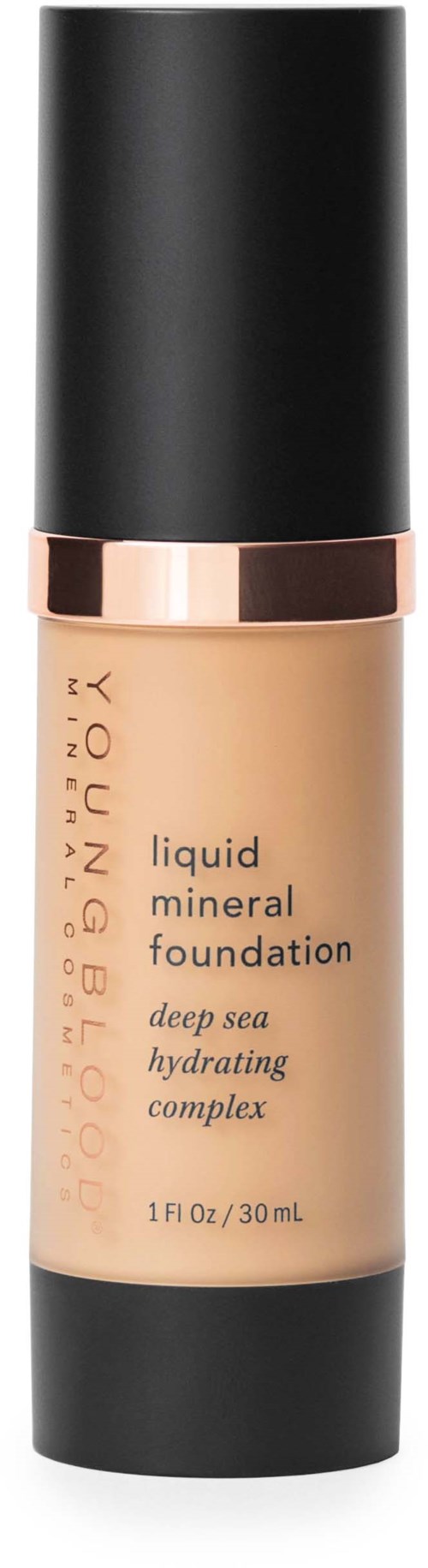 A tall foundation bottle with a black cap, gold band, and beige liquid inside, labeled "liquid mineral foundation."