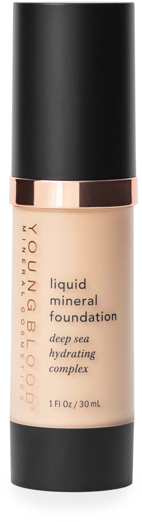 A bottle of liquid mineral foundation with a black cap and rose gold band, labeled as deep sea hydrating complex.