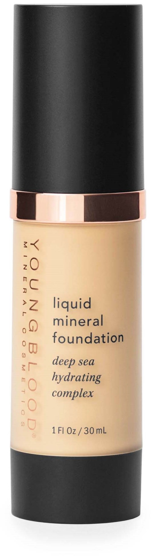 A beige liquid foundation bottle with black cap and rose gold band. Brand name and product details are on the front.