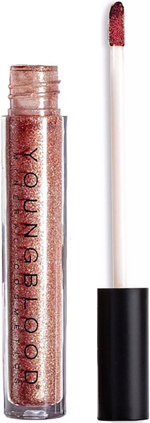 A tube of glittery pink lip gloss with its applicator wand next to it.