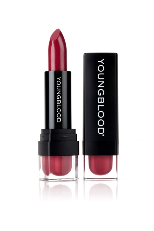 Två läppstift, ett öppet som visar röd läppstift, och det andra stängt, båda med svarta lock och "YOUNGBLOOD"-märkning.