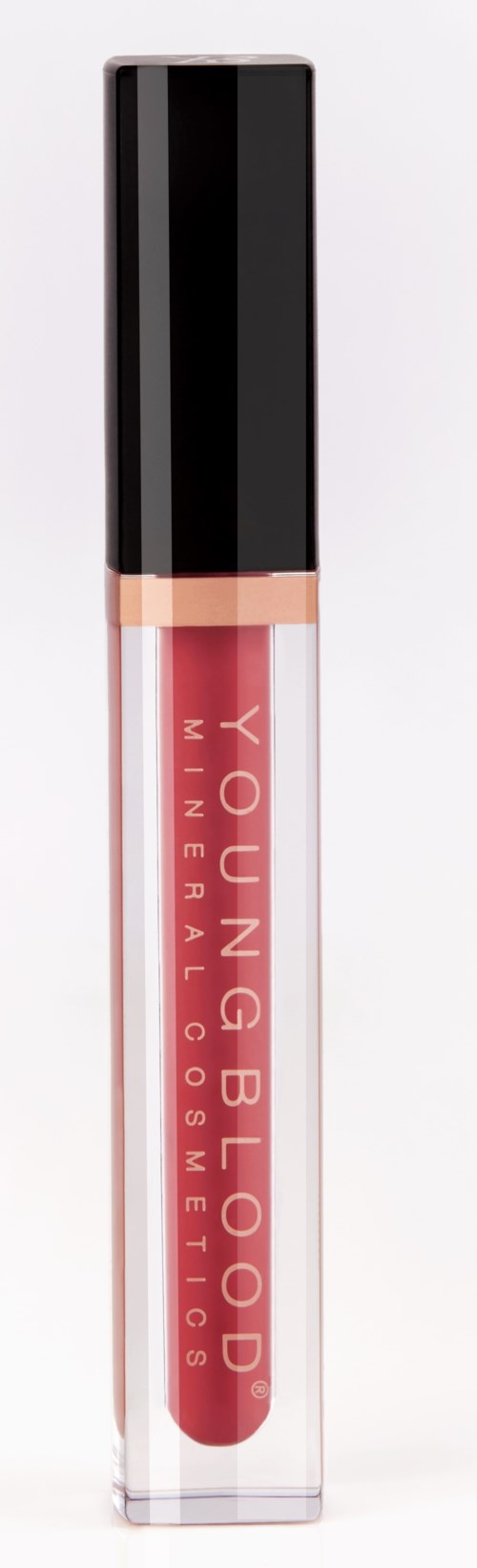 Lippengloss-Röhre mit schwarzem Deckel und rosa Flüssigkeit, beschriftet 'Young Blood Minerval Glosses.'