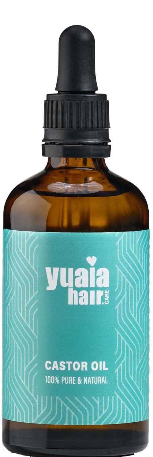 Bärnstenfärgad glasflaska med svart droppkork, märkt "Yuja Hair" ricinolja, 100% ren och naturlig.