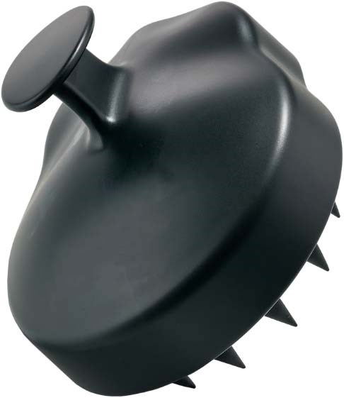 Ein schwarzes, rundes Objekt mit Stacheln, ähnlich einem Spielzeug oder Massagegerät.