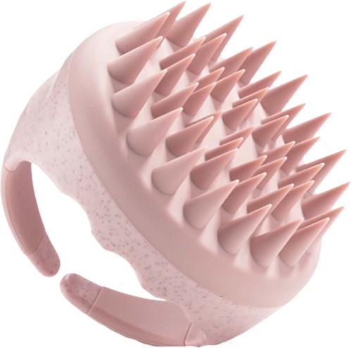 Pink head massager with many soft, pointed spikes and a flexible band for comfort.