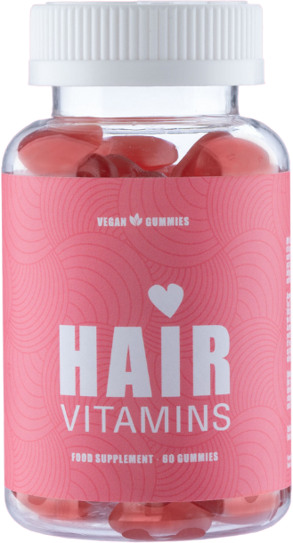 A bottle of vegan hair vitamins with pink label and 60 gummies inside.