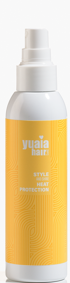 Eine weiße Sprühflasche mit einem gelben Etikett, auf dem 'Yupaia Hair Style Heat Protection' steht.