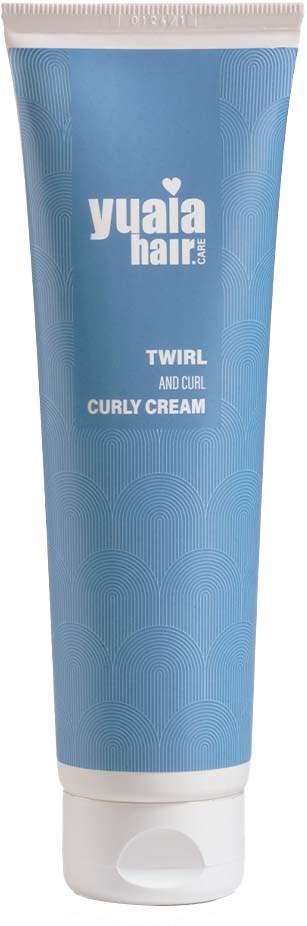 Eine blaue Tube Yuaria Hair Twirl and Curl Curly Cream, aufrecht stehend mit weißem Text und weißem Deckel.