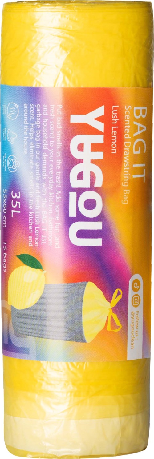 Yellow trash bag roll with a label saying 'BAG IT', lemon flavor, 35 liters capacity.