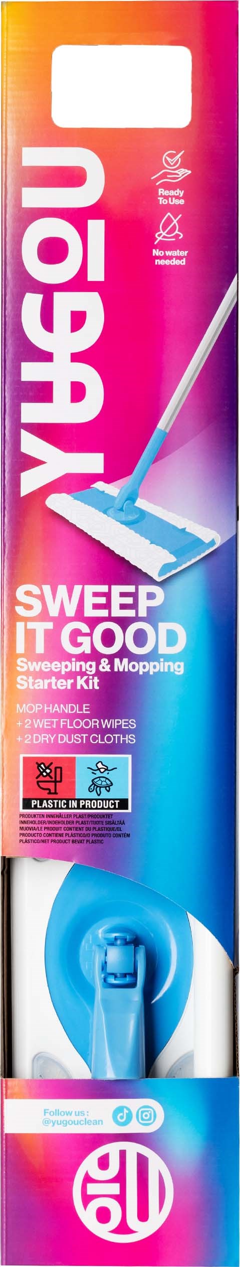 En moppe med blå håndtag og hvid bund på en farverig pink og blå baggrund. Teksten siger "SWEEP IT GOOD."