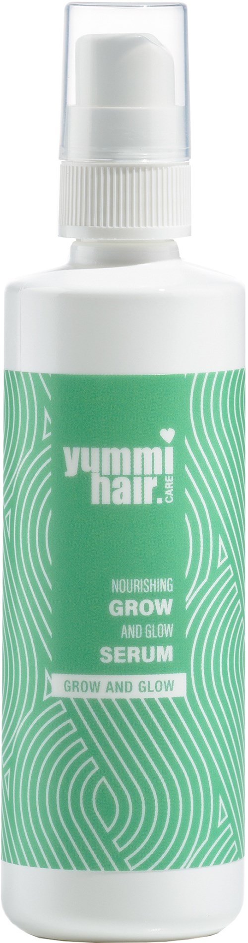 En hvit sprayflaske med grønn etikett kalt Yummi Hair, for å fukte og fremme hårvekst og glans.