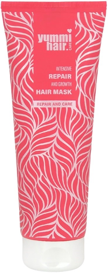 Rød tube med hvite bladmønstre, merket 'Yummi Hair' for hårreparasjon og vekstmaske.