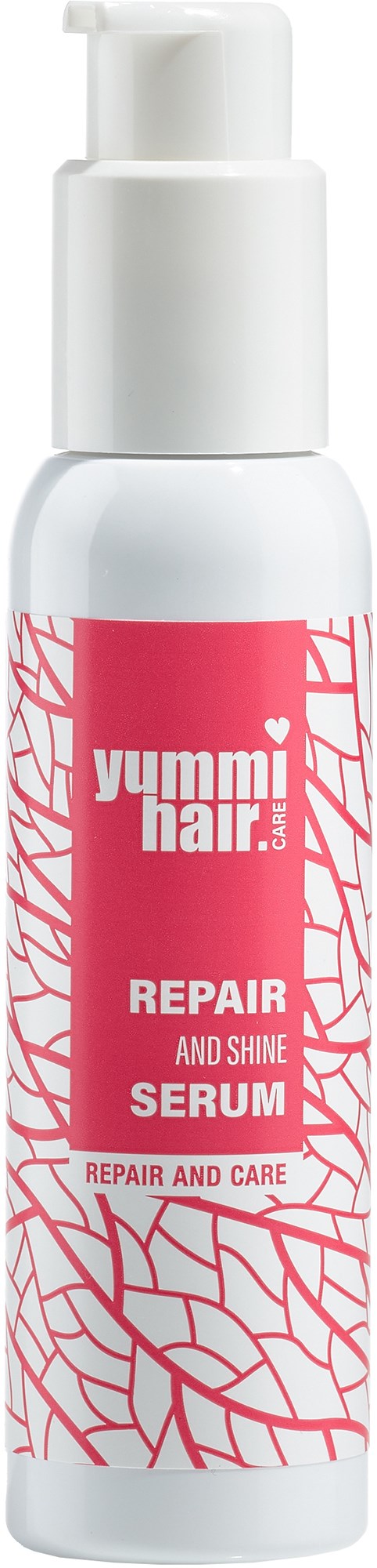 En hvit flaske med rosa etikett og pumpe, kalt "Yummi Hair Repair and Shine Serum."