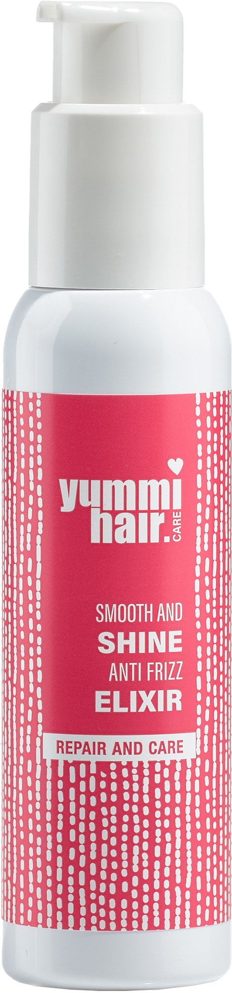En hvit flaske med rosa etikett, pumpe, for hårpleie, kalt Yummi Hair, glattende, glans, anti-frizz eliksir.