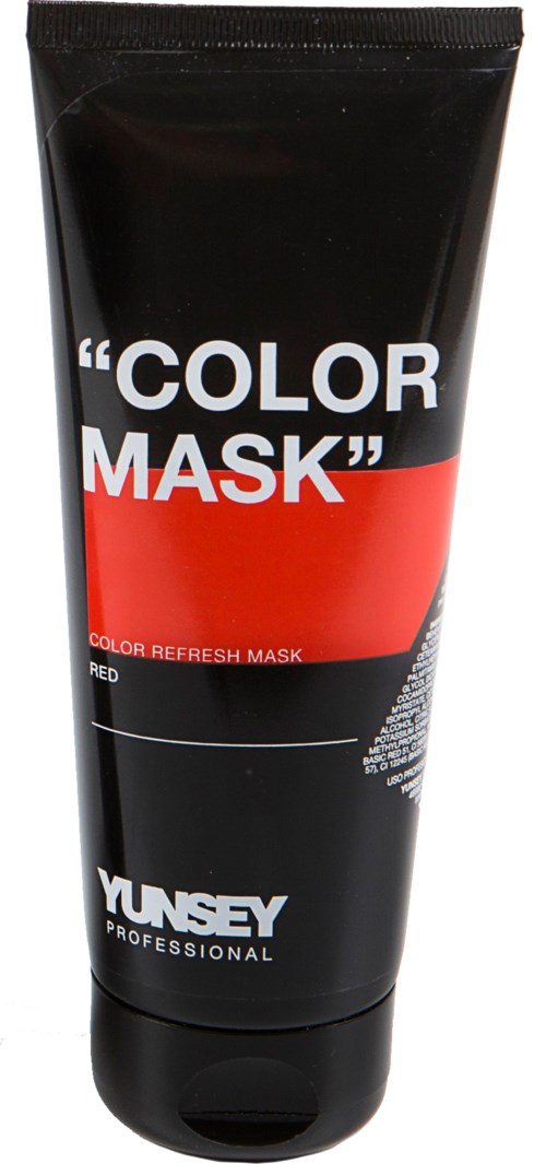 Svart tub med röd och vit text, märkt 'Color Mask' och 'Yunsey Professional.'
