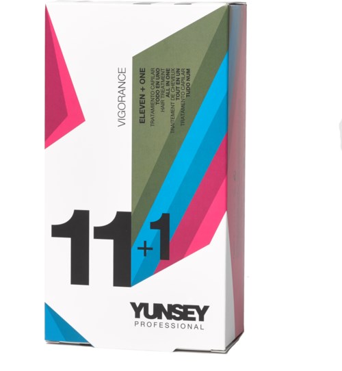 Box med färgstark design, text om Vigourance Eleven + One och YUNSEY PROFESSIONAL.