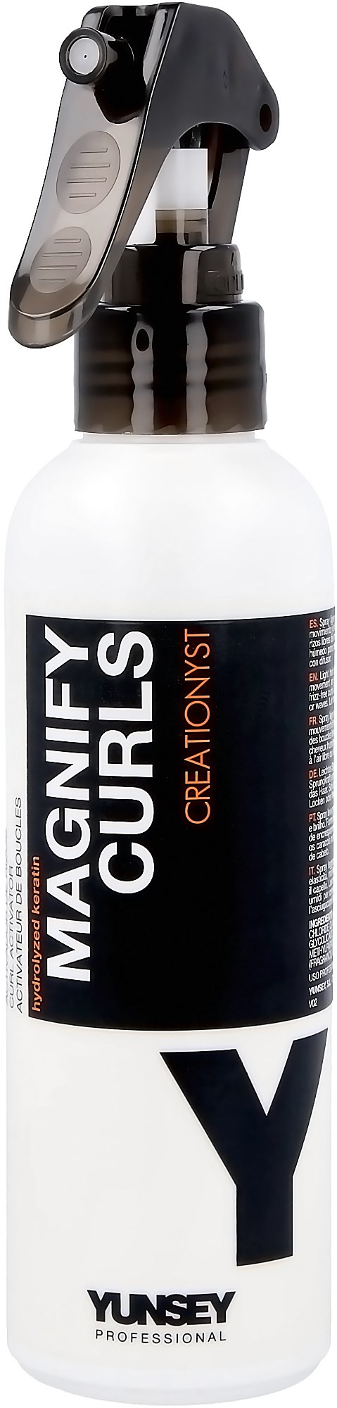 En vit sprayflaska med etiketten 'Maginely Curls' och 'Yunsey Professional' med ett svart sprayhuvud.