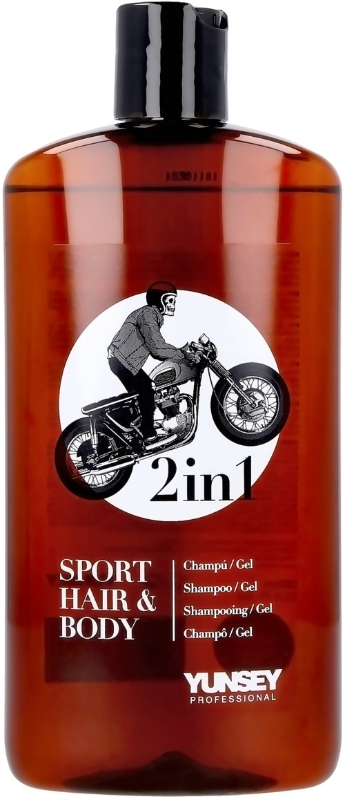 En brun flaska märkt "Sport Hair & Body 2 in 1" med en man som rider på motorcykel i en cirkel logo.