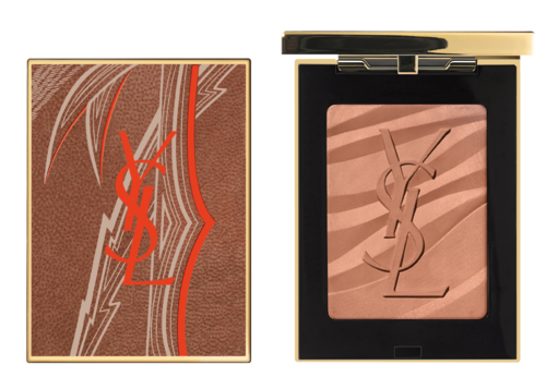 Makeup-kompakt med rosa puder i svart och guldask, med YSL-logotyp på pulvret.