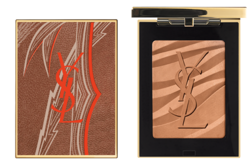 Kompakt makeupferrule med beige puder och guld- och svartsats, med YSL-logotypen.