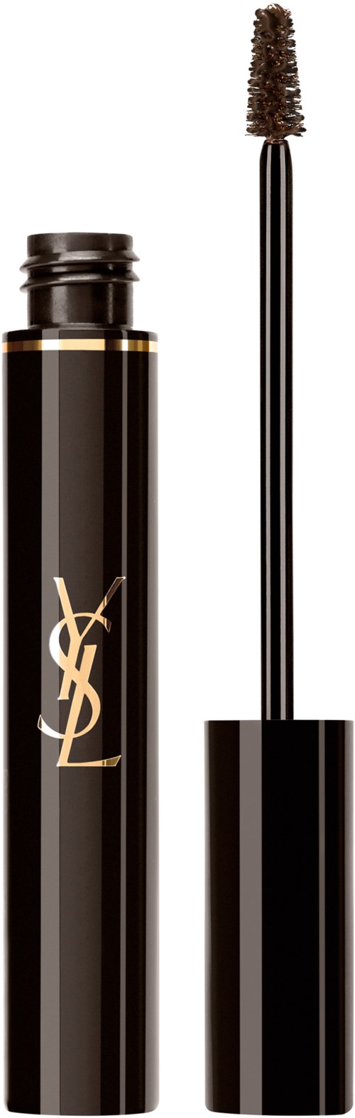 En svart tub med YSL-mascara med gyllene logo, öppen med borsten utanför.