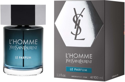 Een Yves Saint Laurent L'Homme parfumfles en doos, voornamelijk zwart, wit en blauw.