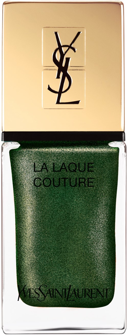 En grønn neglelakkflaske med gullhette og YSL-logo. Ordene 'LA LAQUE COUTURE' og 'Yves Saint Laurent' står på den.