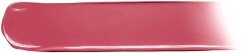 The image shows a pink lipstick swatch with a shiny finish on a black background.