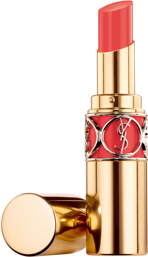 Een gouden en rode lippenstift met een gedeeltelijk geopend deksel die de lippenstift laat zien.