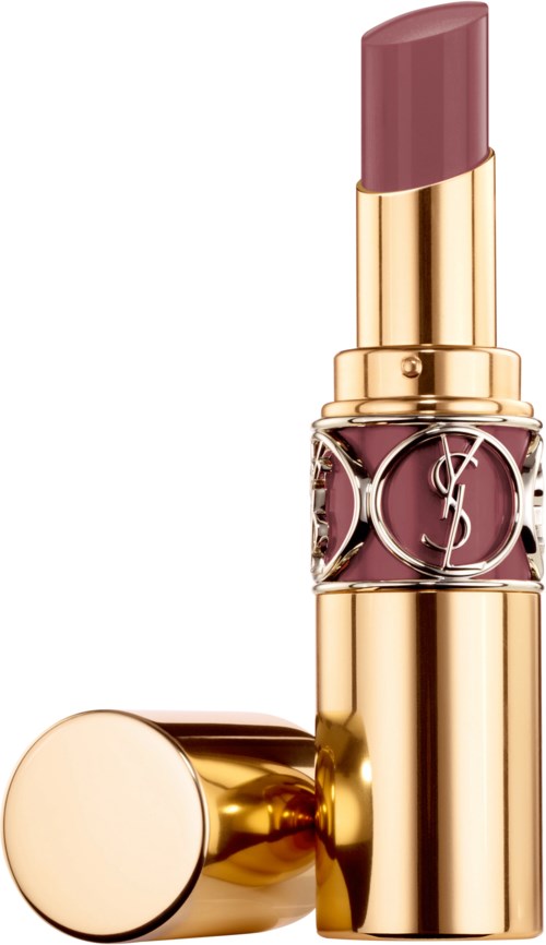 Een lipstick met een gouden huls en een mauvekleur. De dop is eraf, waardoor de lippenstiftpunt zichtbaar is.