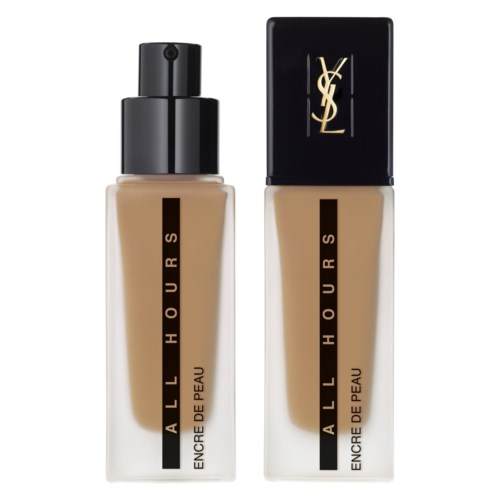 Two bottles of YSL foundation, one with a spray and the other with a pump, both in beige shade.