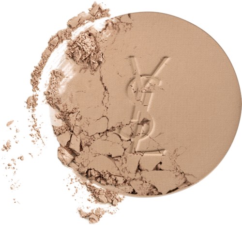 En rund makeup-puder med lite av det krossat och spritt, visar YSL-märket på ytan.