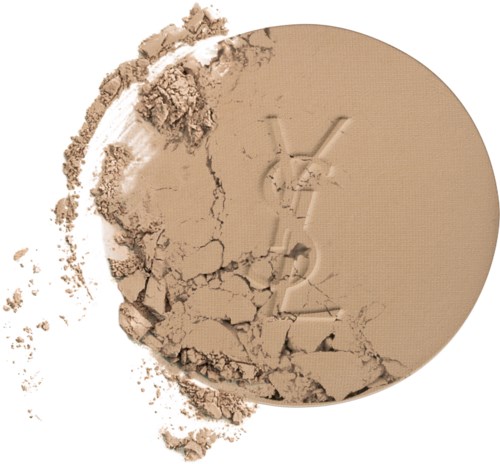Ett beige pressat puder med en krossad del, liknande smink eller ansiktspuder.