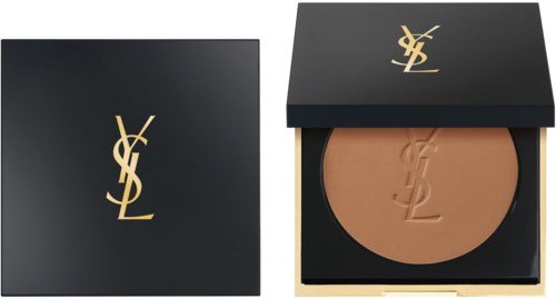 En YSL makeuppalett med brunt puder inuti, svart och guld förpackning, och YSL-loggan på locket.