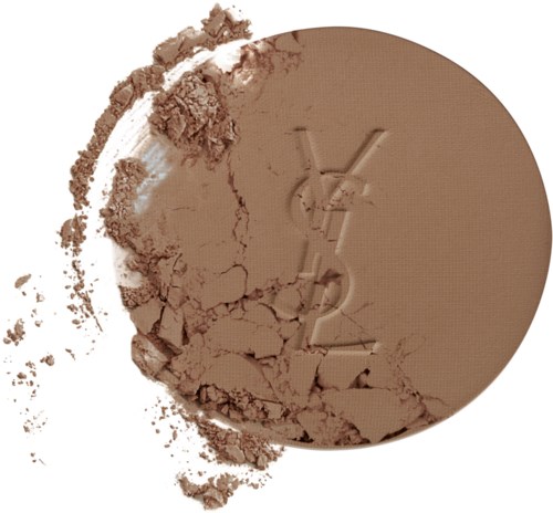 Ett brunt makeup-pulver med en delvis trasig rund kompakt, med Yves Saint Laurent-loggan.