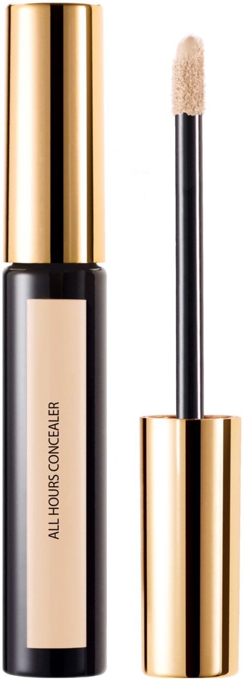 En concealer-flaska med applikator i form av en applikator, svart och guld design, märkt "ALL HOURS CONCEALER."